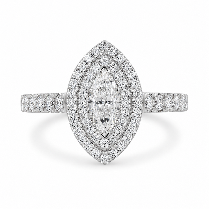 1.00 CT Marquise Cut Lab-Grown Diamond Double Halo Engagement Ring in 14K White Gold â€“ Vintage Inspired Design from Diamond Studio