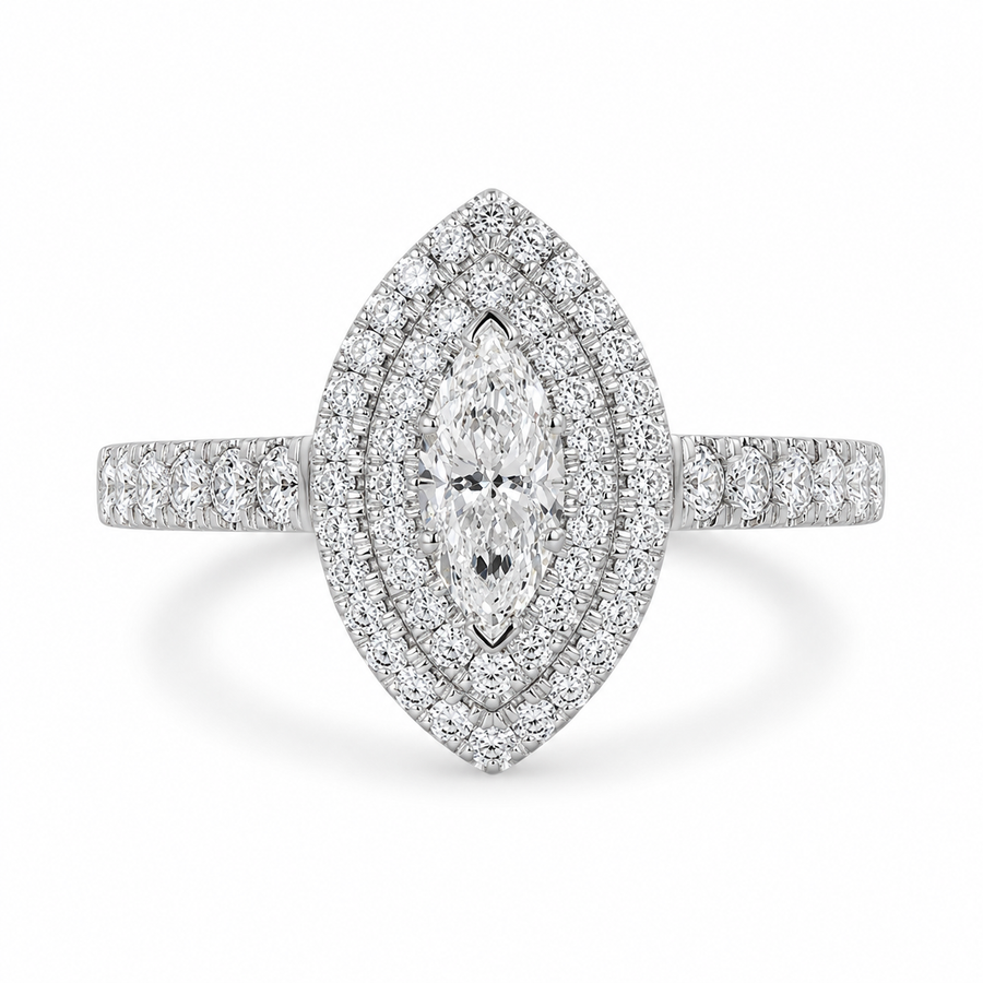 1.00 CT Marquise Cut Lab-Grown Diamond Double Halo Engagement Ring in 14K White Gold – Vintage Inspired Design