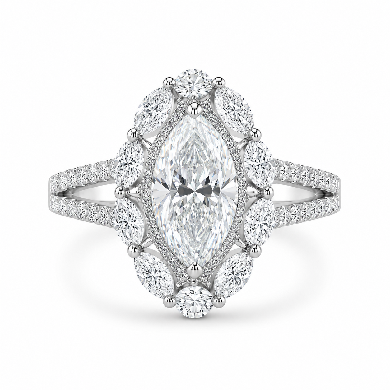 5.00 CT Marquise Cut Lab-Grown Diamond Double Halo Engagement Ring in 14K White Gold – Art Deco Split Shank Cocktail Design