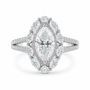 5.00 CT Marquise Cut Lab-Grown Diamond Double Halo Engagement Ring in 14K White Gold – Art Deco Split Shank Cocktail Design