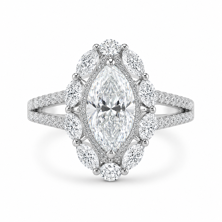 5.00 CT Marquise Cut Lab-Grown Diamond Double Halo Engagement Ring in 14K White Gold â€“ Art Deco Split Shank Cocktail Design from Diamond Studio