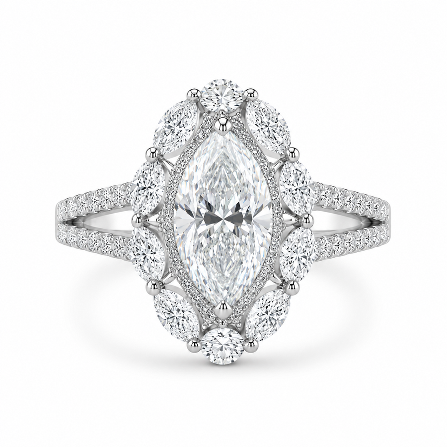 5.00 CT Marquise Cut Lab-Grown Diamond Double Halo Engagement Ring in 14K White Gold – Art Deco Split Shank Cocktail Design