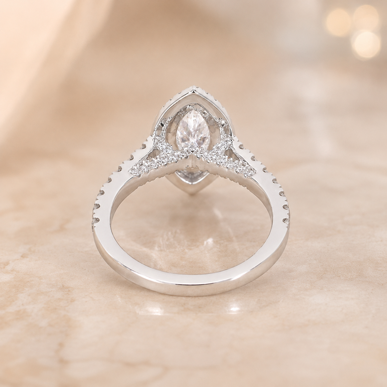 1.00 CT Marquise Cut Lab-Grown Diamond Double Halo Engagement Ring in 14K White Gold – Vintage Inspired Design