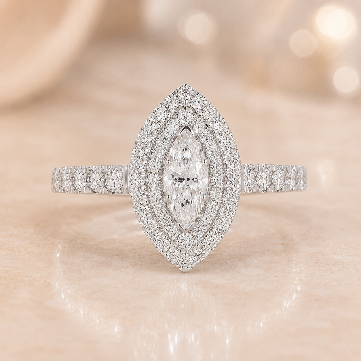 1.00 CT Marquise Cut Lab-Grown Diamond Double Halo Engagement Ring in 14K White Gold – Vintage Inspired Design