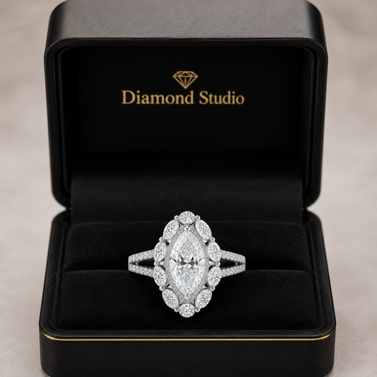 5.00 CT Marquise Cut Lab-Grown Diamond Double Halo Engagement Ring in 14K White Gold – Art Deco Split Shank Cocktail Design