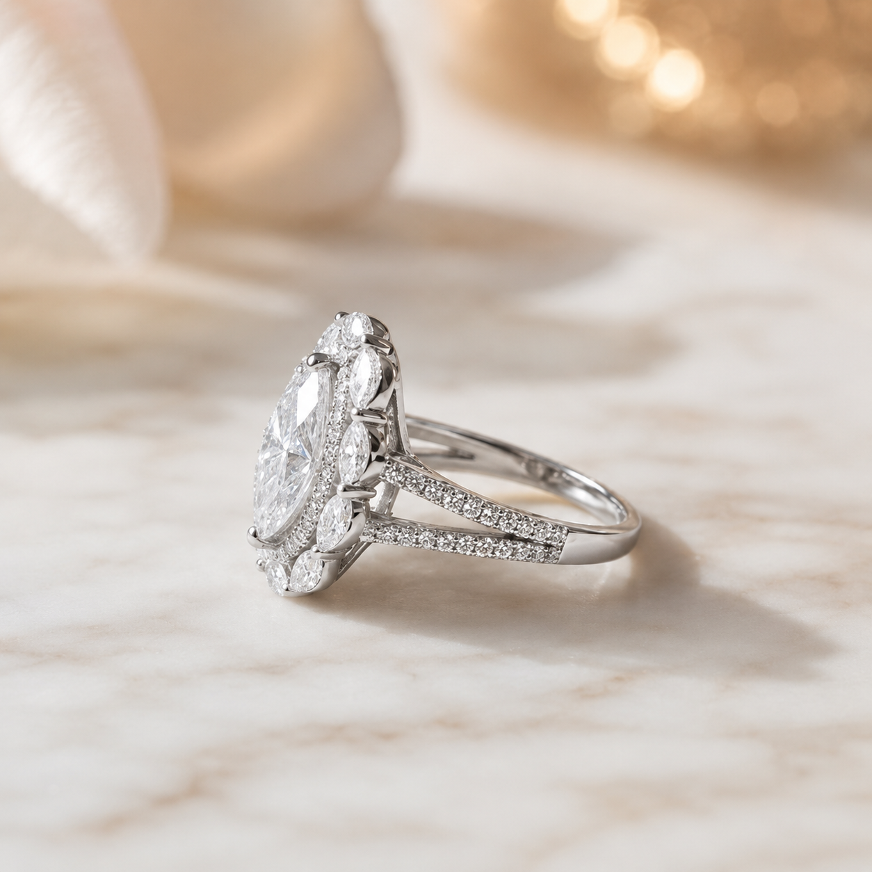 5.00 CT Marquise Cut Lab-Grown Diamond Double Halo Engagement Ring in 14K White Gold – Art Deco Split Shank Cocktail Design