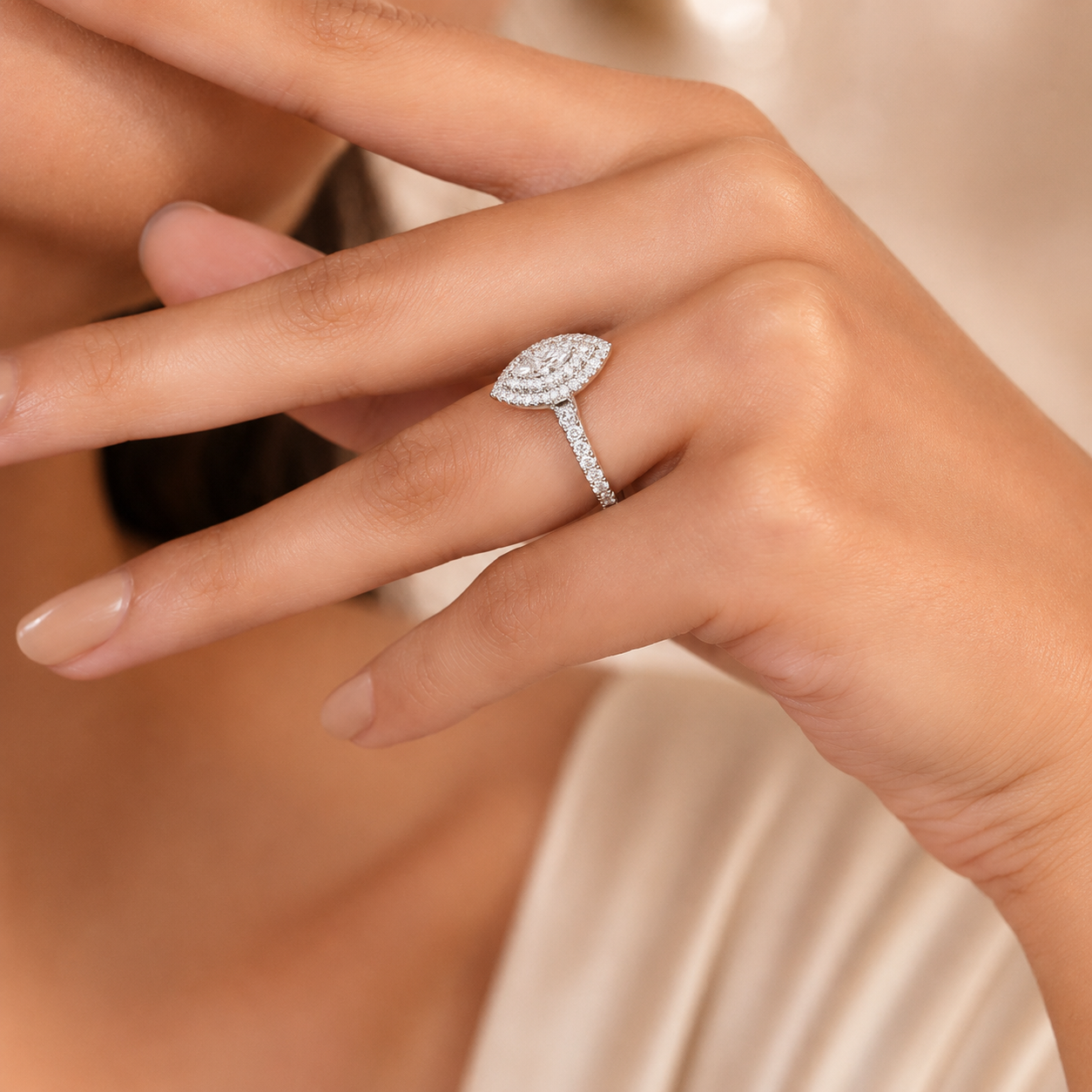 1.00 CT Marquise Cut Lab-Grown Diamond Double Halo Engagement Ring in 14K White Gold – Vintage Inspired Design