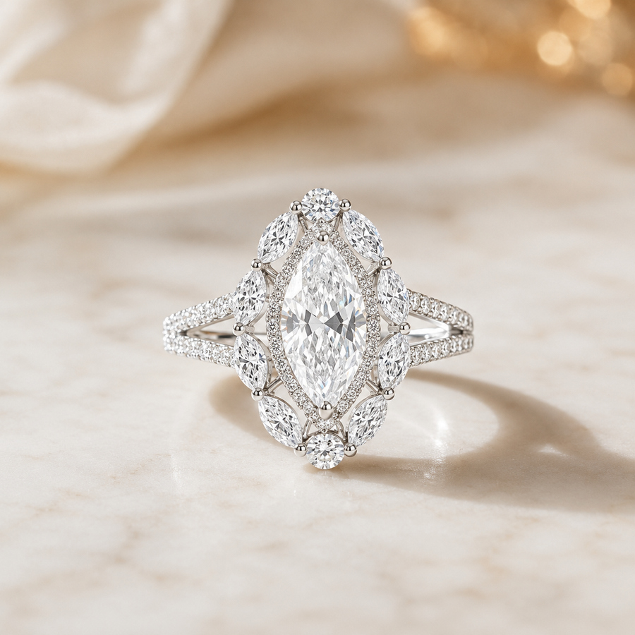 5.00 CT Marquise Cut Lab-Grown Diamond Double Halo Engagement Ring in 14K White Gold – Art Deco Split Shank Cocktail Design