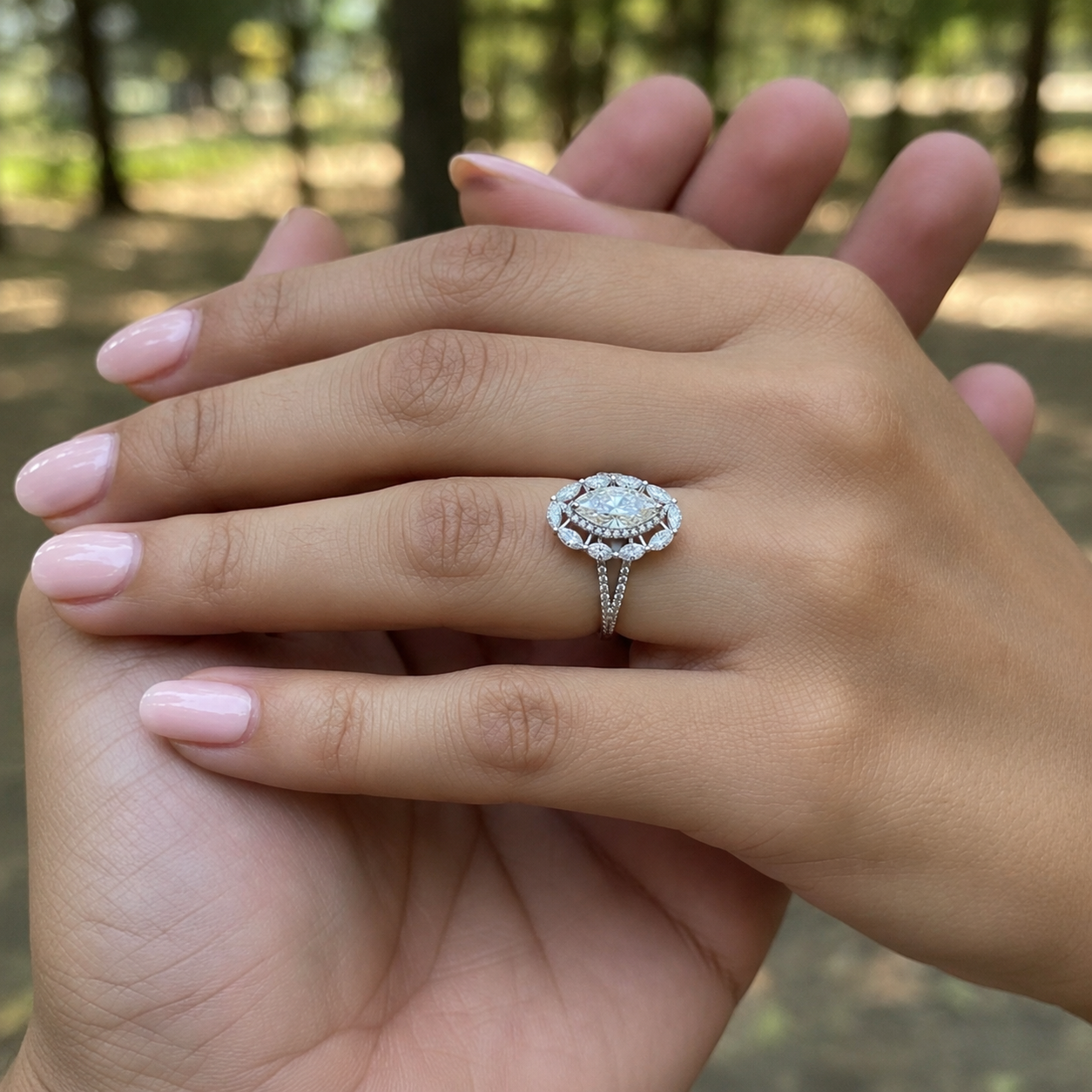 5.00 CT Marquise Cut Lab-Grown Diamond Double Halo Engagement Ring in 14K White Gold – Art Deco Split Shank Cocktail Design