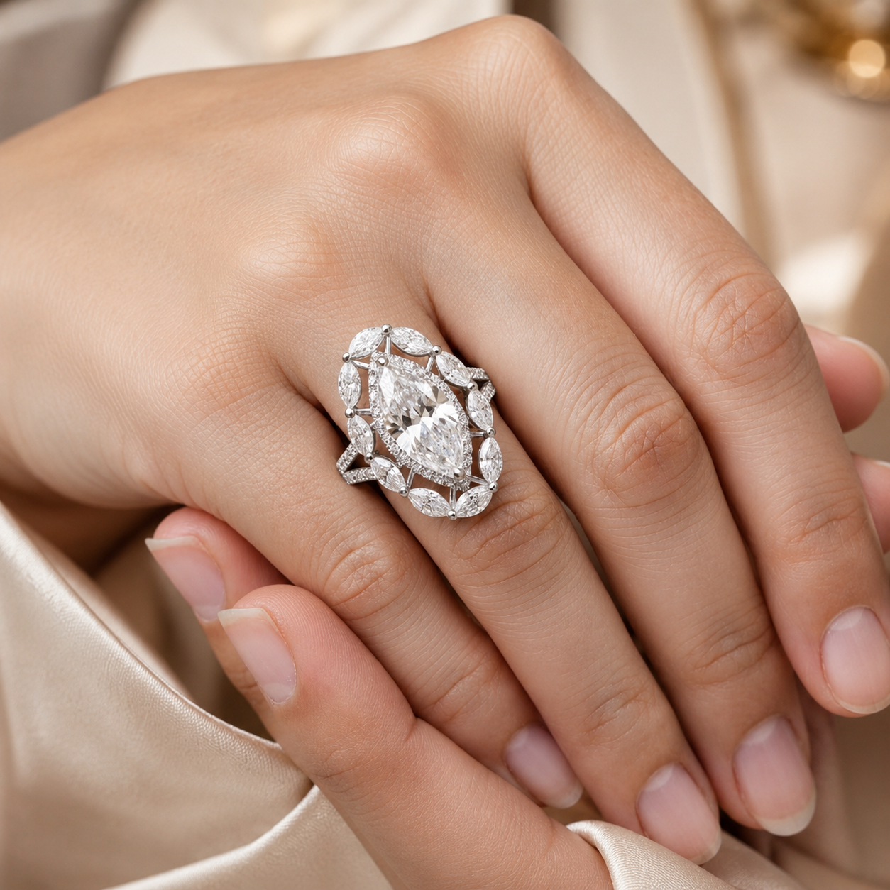 5.00 CT Marquise Cut Lab-Grown Diamond Double Halo Engagement Ring in 14K White Gold – Art Deco Split Shank Cocktail Design
