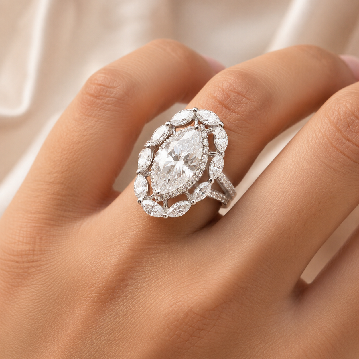 5.00 CT Marquise Cut Lab-Grown Diamond Double Halo Engagement Ring in 14K White Gold – Art Deco Split Shank Cocktail Design