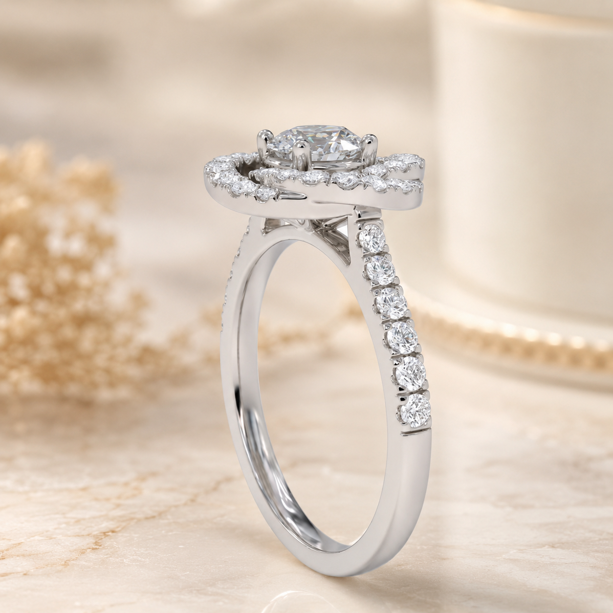 1.50 CT Round Cut Lab-Grown Diamond Double Halo Engagement Ring Set in 14K White Gold