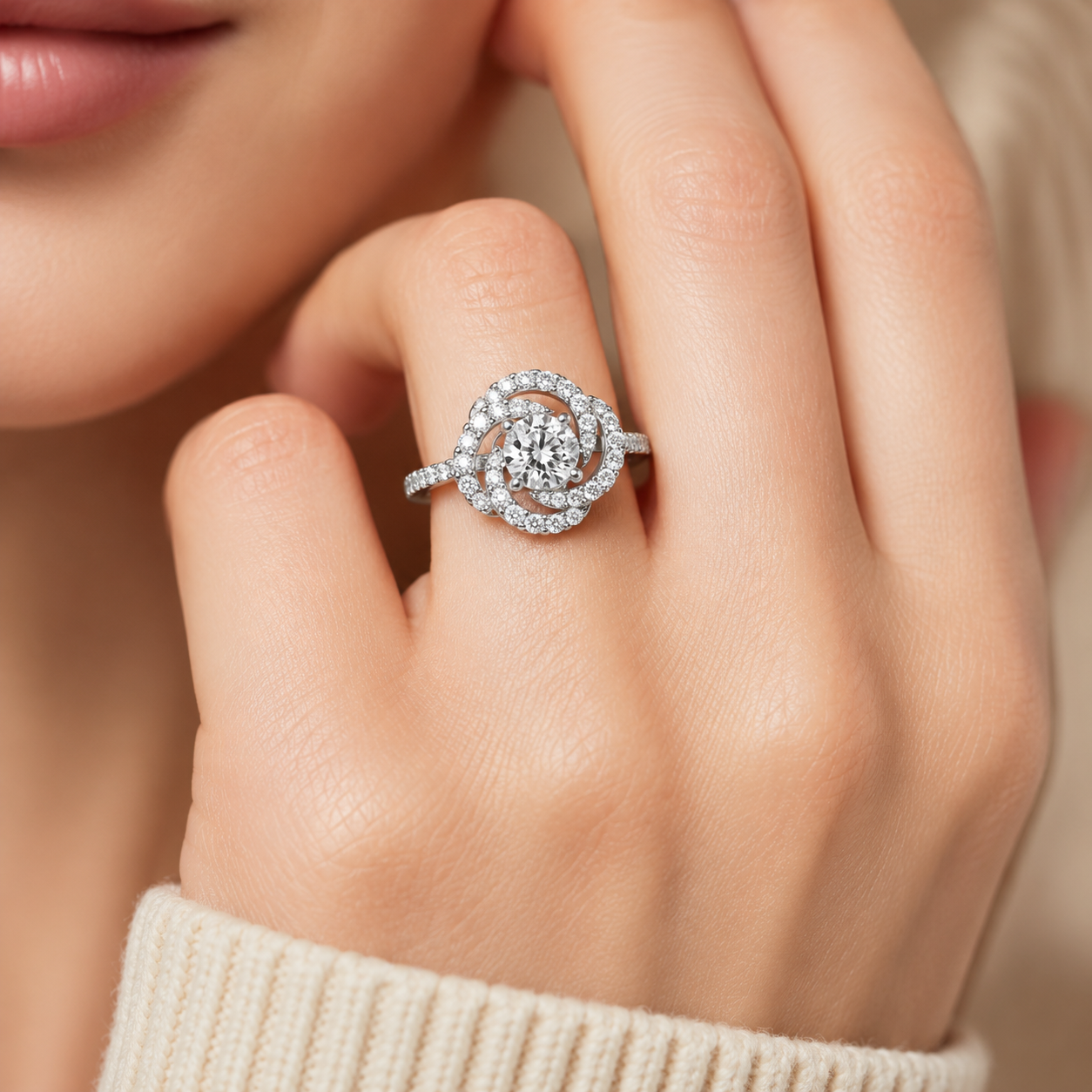 1.50 CT Round Cut Lab-Grown Diamond Double Halo Engagement Ring Set in 14K White Gold