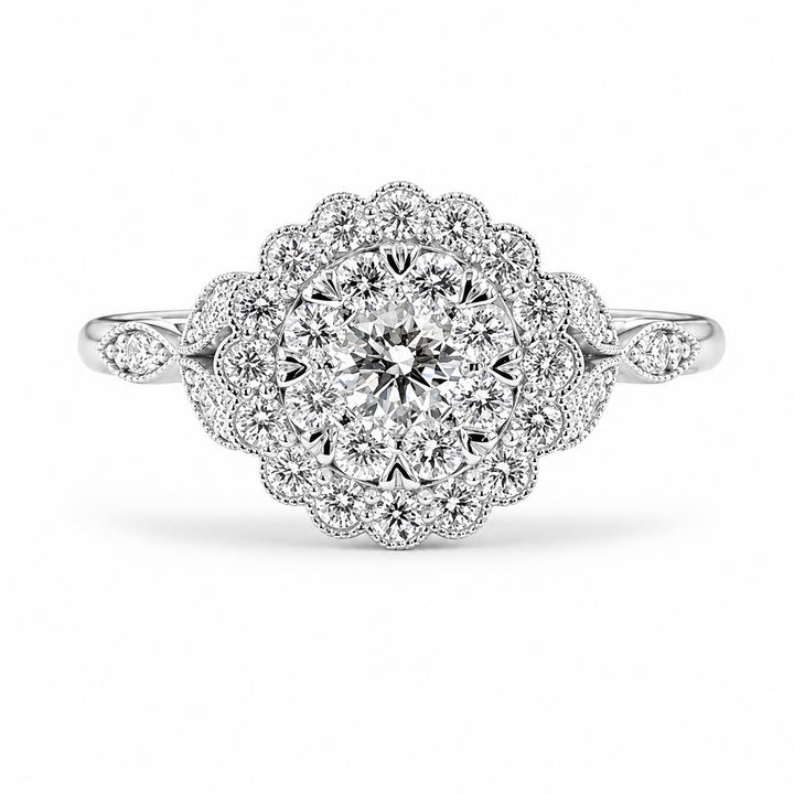 2.00 CT Round Cut Lab-Grown Diamond Double Halo Engagement Ring in 14K White Gold â€“ Handmade Bridal Design from Diamond Studio