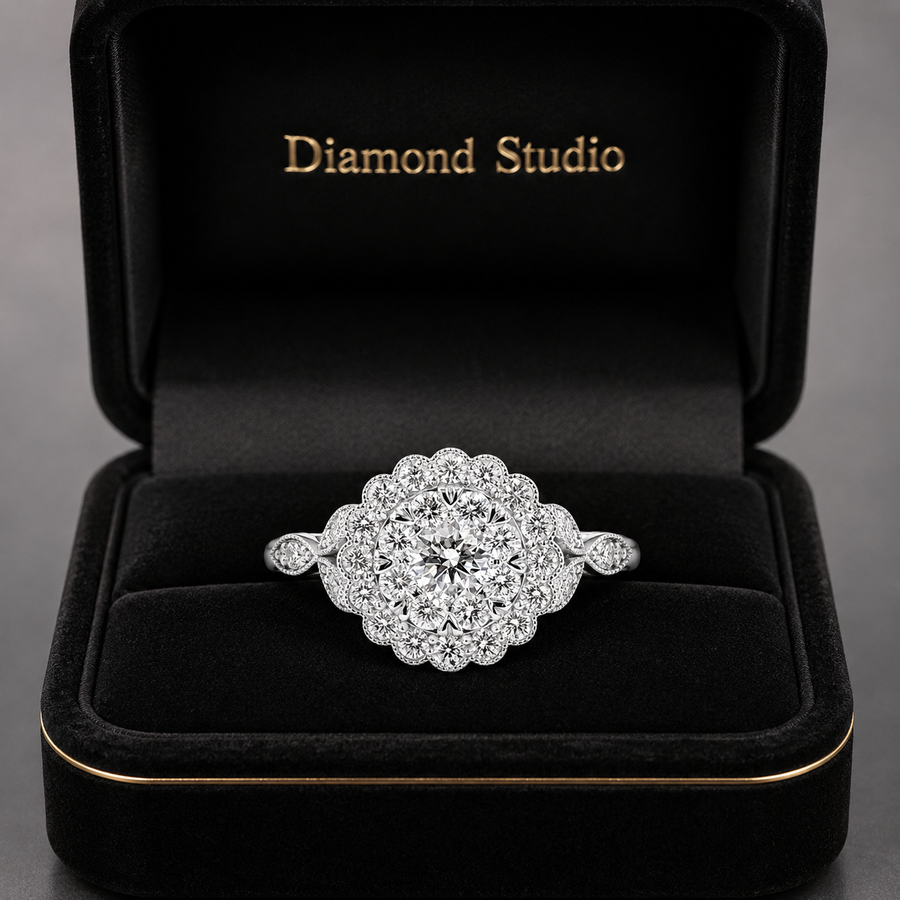 2.00 CT Round Cut Lab-Grown Diamond Double Halo Engagement Ring in 14K White Gold – Handmade Bridal Design