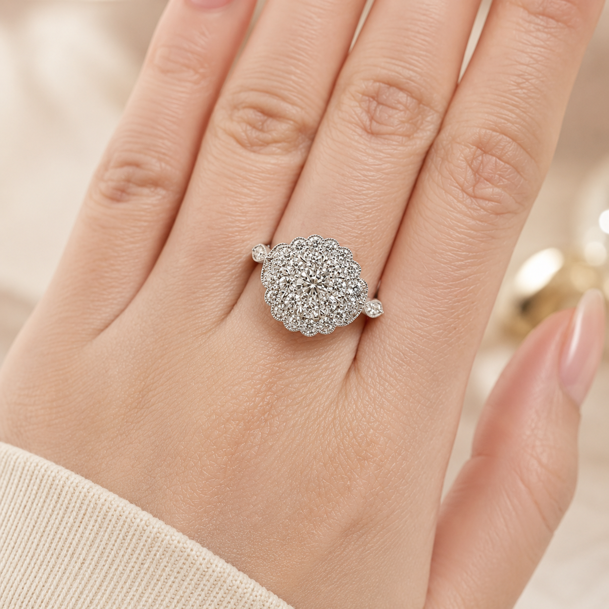2.00 CT Round Cut Lab-Grown Diamond Double Halo Engagement Ring in 14K White Gold – Handmade Bridal Design