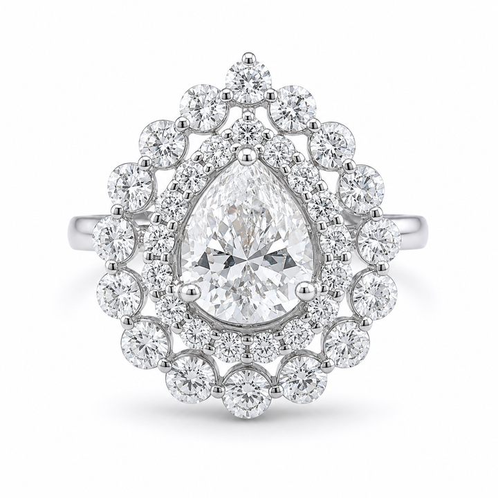 3.00 CT Pear Cut Lab-Grown Diamond Double Halo Engagement Ring in 14K White Gold from Diamond Studio