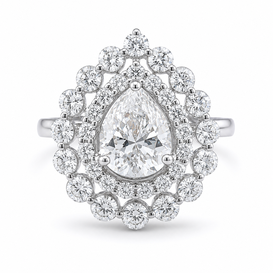 3.00 CT Pear Cut Lab-Grown Diamond Double Halo Engagement Ring in 14K White Gold
