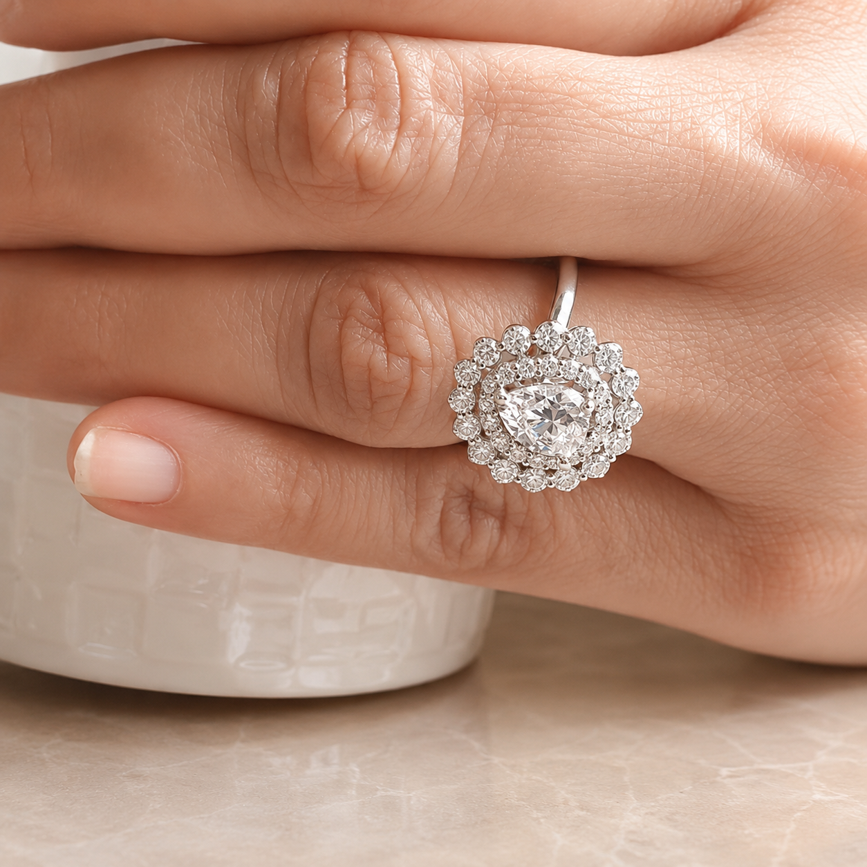 3.00 CT Pear Cut Lab-Grown Diamond Double Halo Engagement Ring in 14K White Gold