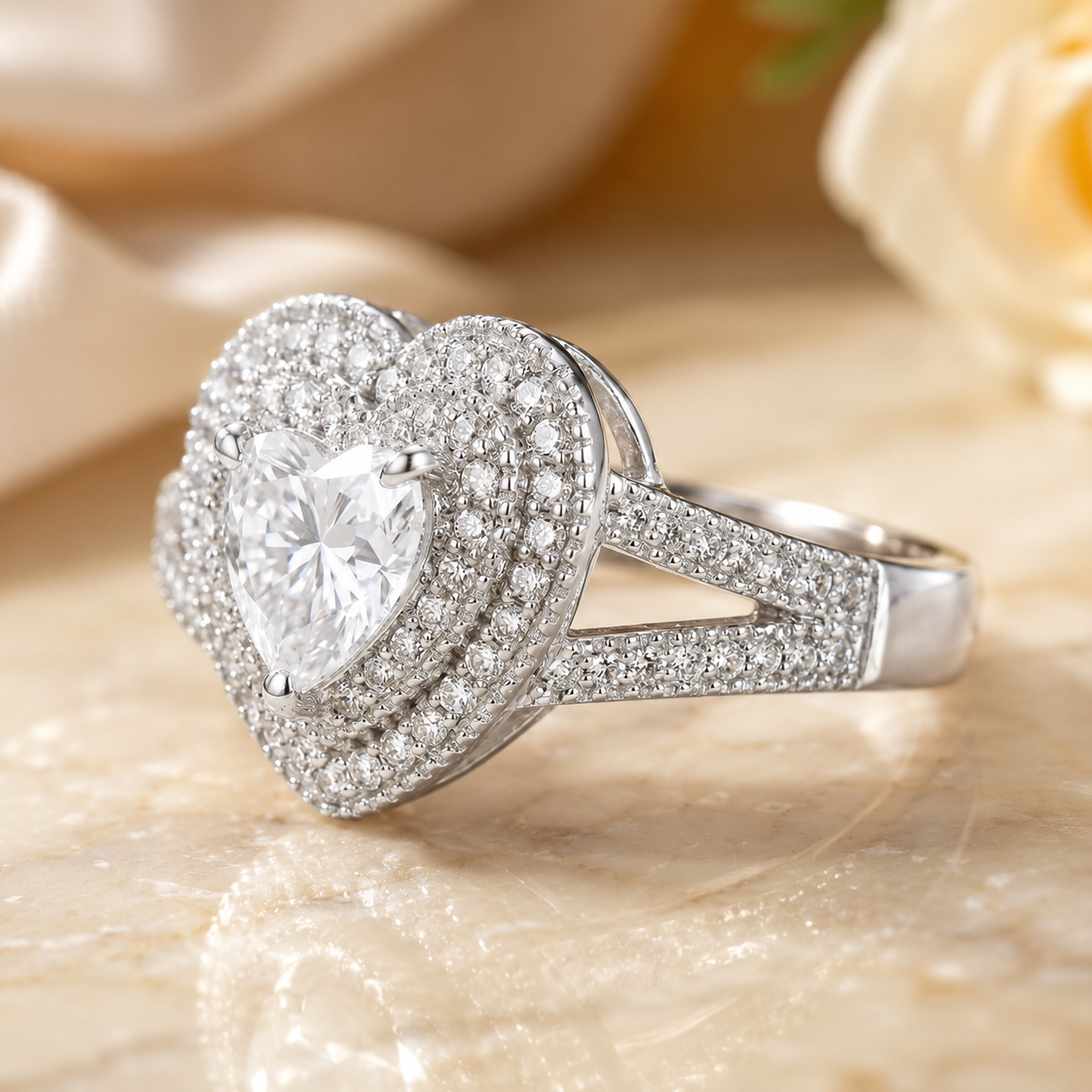 2.00 CT Heart Cut Lab-Grown Diamond Double Halo Engagement Ring in 14K White Gold – Infinity Promise Design