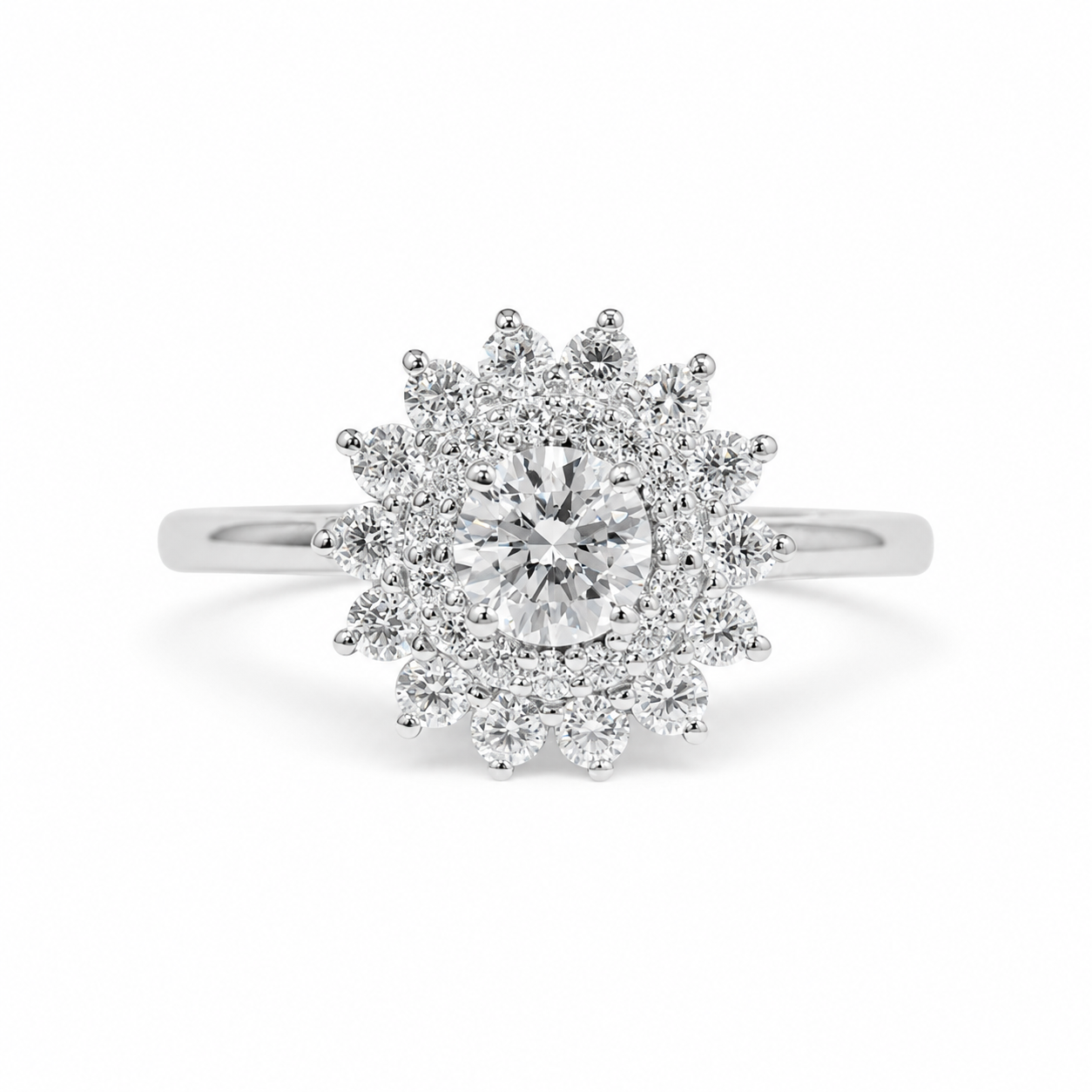2.50 CT Round Cut Lab-Grown Diamond Double Halo Engagement Ring in 14K White Gold – Vintage Art Deco Starburst Design