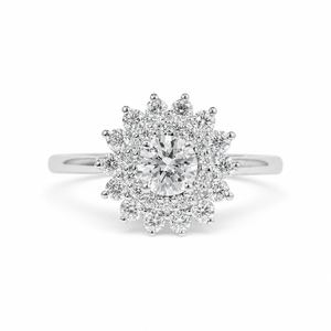 2.50 CT Round Cut Lab-Grown Diamond Double Halo Engagement Ring in 14K White Gold – Vintage Art Deco Starburst Design
