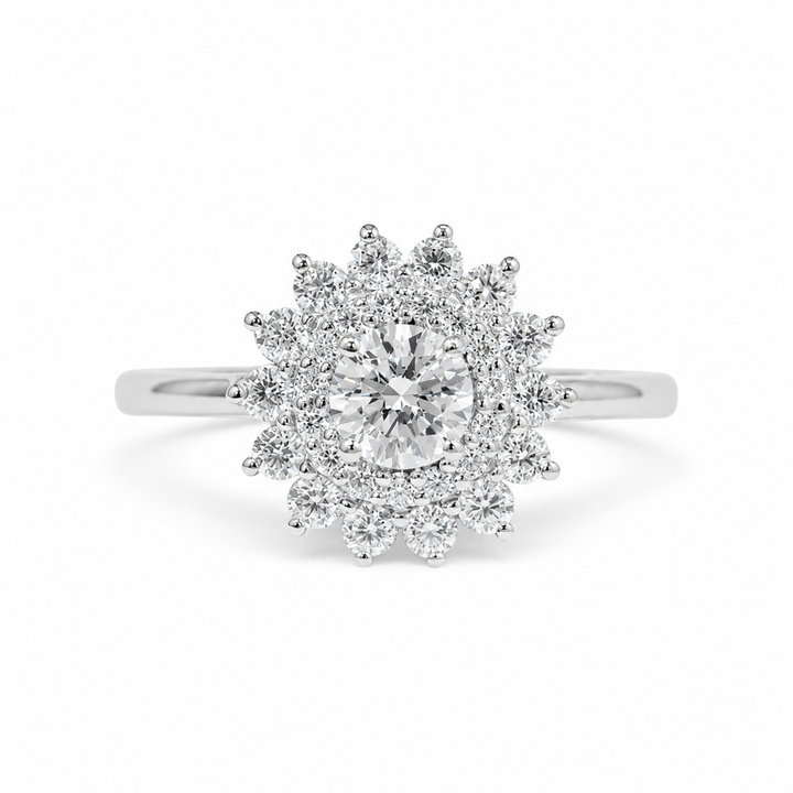 2.50 CT Round Cut Lab-Grown Diamond Double Halo Engagement Ring in 14K White Gold â€“ Vintage Art Deco Starburst Design from Diamond Studio