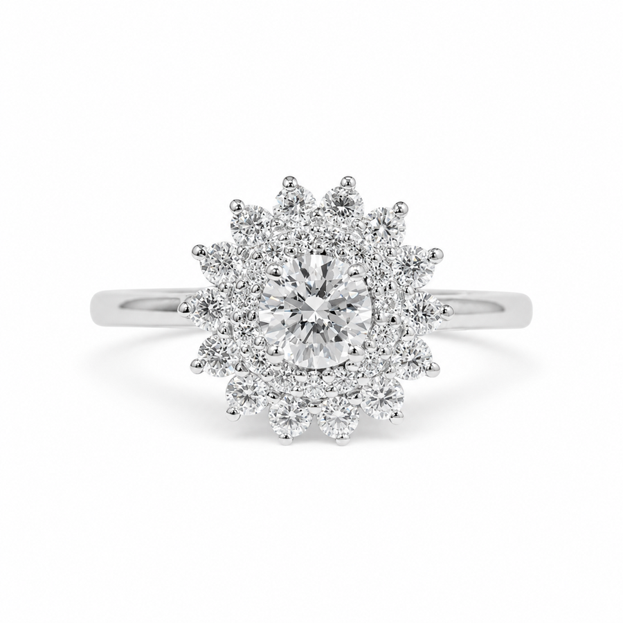 2.50 CT Round Cut Lab-Grown Diamond Double Halo Engagement Ring in 14K White Gold – Vintage Art Deco Starburst Design