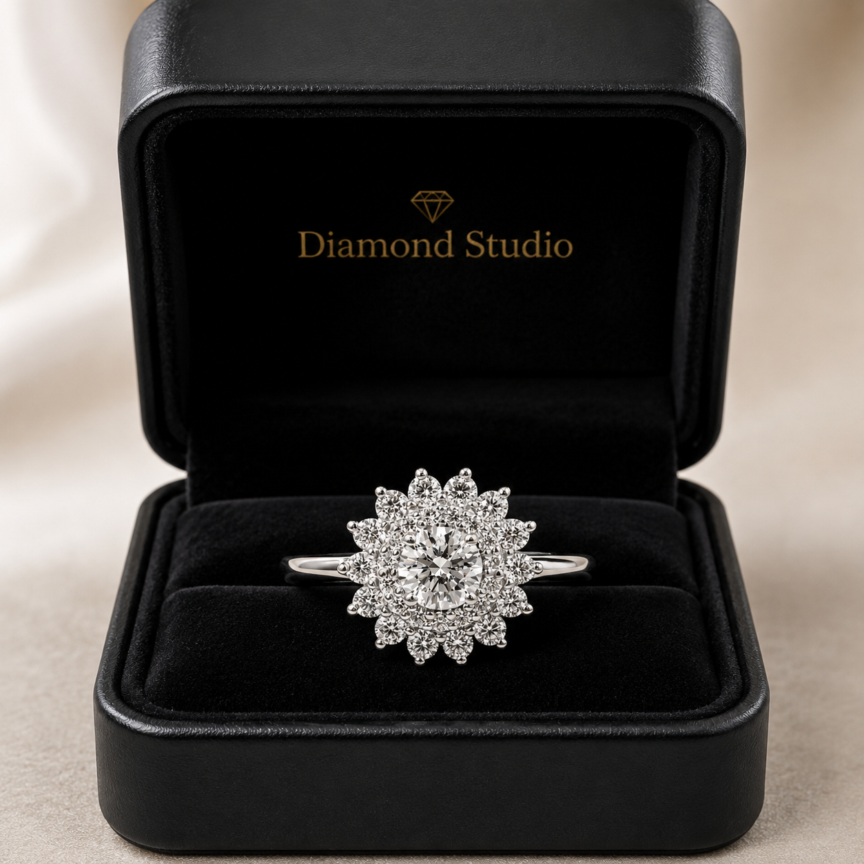 2.50 CT Round Cut Lab-Grown Diamond Double Halo Engagement Ring in 14K White Gold – Vintage Art Deco Starburst Design