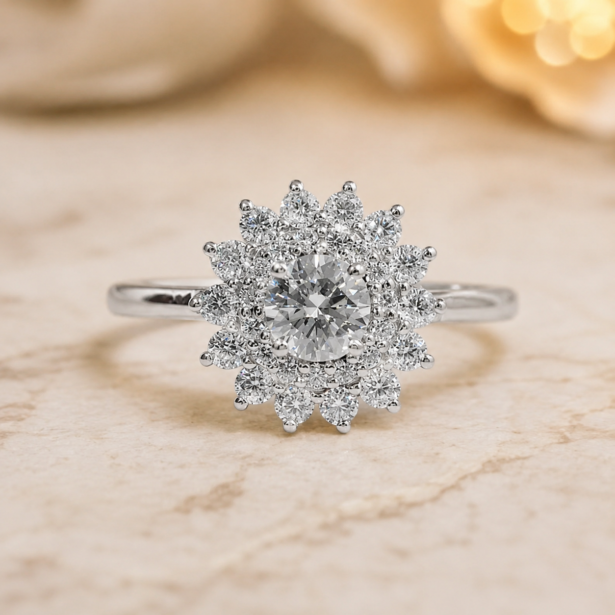 2.50 CT Round Cut Lab-Grown Diamond Double Halo Engagement Ring in 14K White Gold – Vintage Art Deco Starburst Design