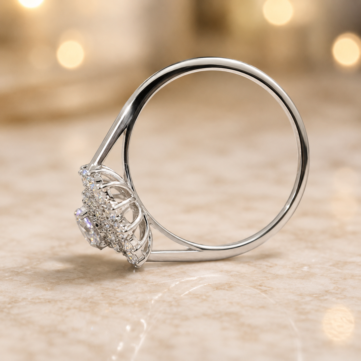 2.50 CT Round Cut Lab-Grown Diamond Double Halo Engagement Ring in 14K White Gold – Vintage Art Deco Starburst Design