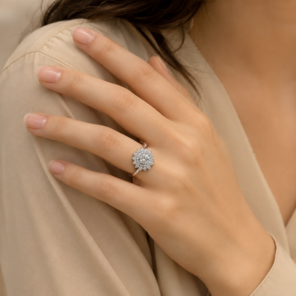 2.50 CT Round Cut Lab-Grown Diamond Double Halo Engagement Ring in 14K White Gold – Vintage Art Deco Starburst Design