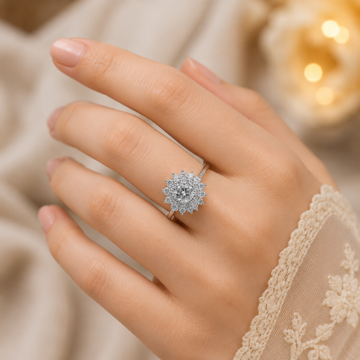 2.50 CT Round Cut Lab-Grown Diamond Double Halo Engagement Ring in 14K White Gold – Vintage Art Deco Starburst Design