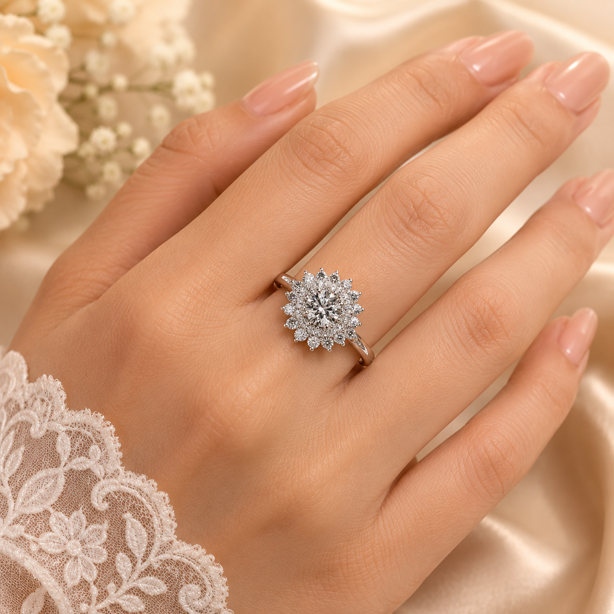 2.50 CT Round Cut Lab-Grown Diamond Double Halo Engagement Ring in 14K White Gold – Vintage Art Deco Starburst Design