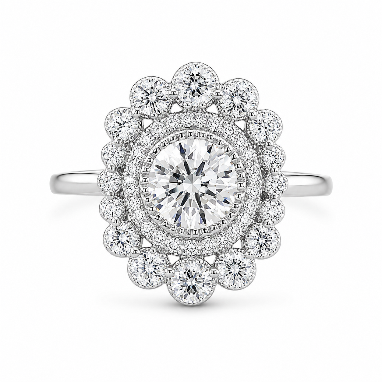 2.00 CT Round Cut Lab-Grown Diamond Double Halo Engagement Ring in 14K White Gold – Vintage Art Deco Flower Cluster Design