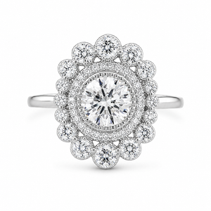 2.00 CT Round Cut Lab-Grown Diamond Double Halo Engagement Ring in 14K White Gold – Vintage Art Deco Flower Cluster Design