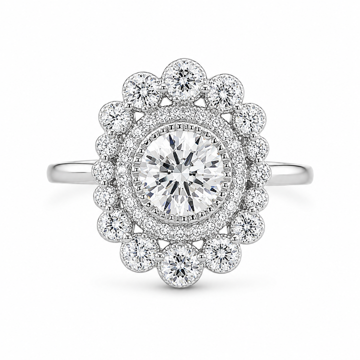2.00 CT Round Cut Lab-Grown Diamond Double Halo Engagement Ring in 14K White Gold â€“ Vintage Art Deco Flower Cluster Design from Diamond Studio