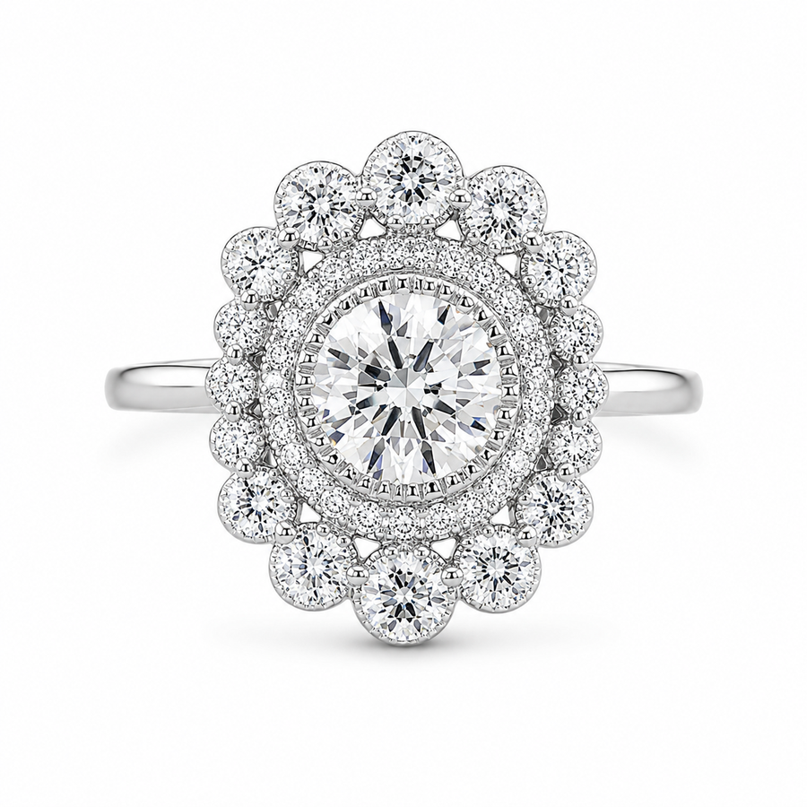 2.00 CT Round Cut Lab-Grown Diamond Double Halo Engagement Ring in 14K White Gold – Vintage Art Deco Flower Cluster Design