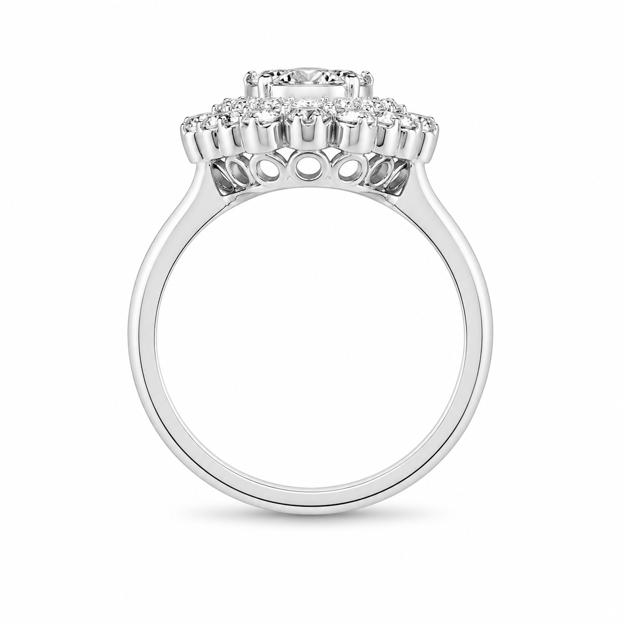 2.00 CT Round Cut Lab-Grown Diamond Double Halo Engagement Ring in 14K White Gold – Vintage Art Deco Flower Cluster Design