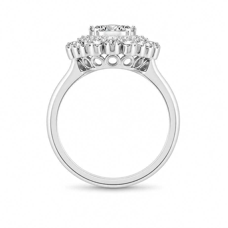 2.00 CT Round Cut Lab-Grown Diamond Double Halo Engagement Ring in 14K White Gold – Vintage Art Deco Flower Cluster Design