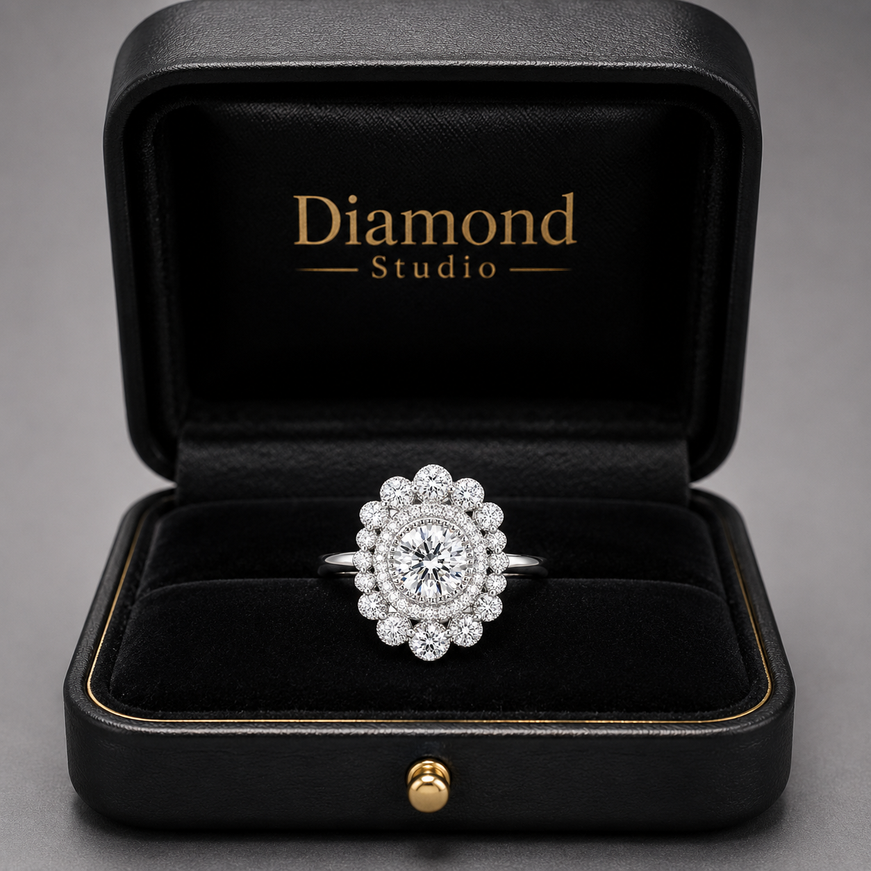 2.00 CT Round Cut Lab-Grown Diamond Double Halo Engagement Ring in 14K White Gold – Vintage Art Deco Flower Cluster Design