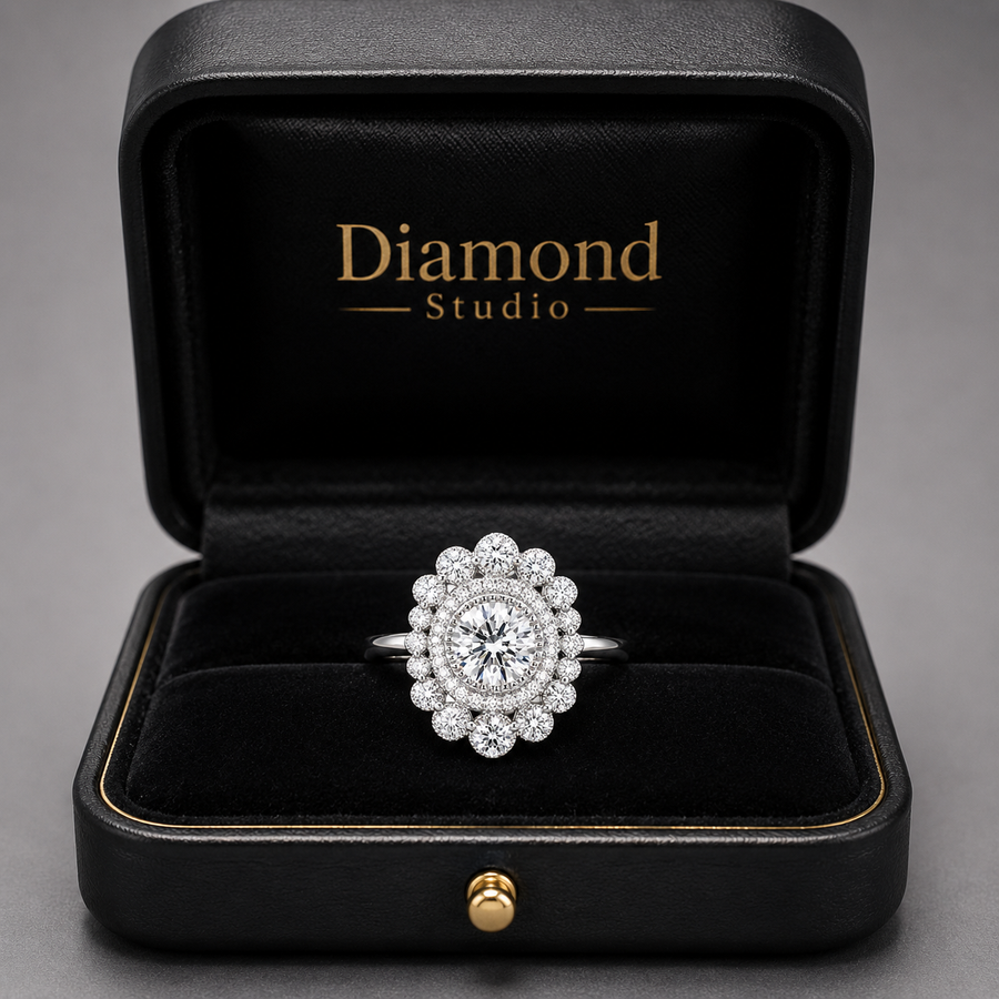 2.00 CT Round Cut Lab-Grown Diamond Double Halo Engagement Ring in 14K White Gold – Vintage Art Deco Flower Cluster Design