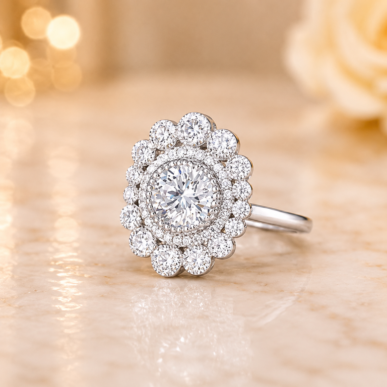 2.00 CT Round Cut Lab-Grown Diamond Double Halo Engagement Ring in 14K White Gold – Vintage Art Deco Flower Cluster Design