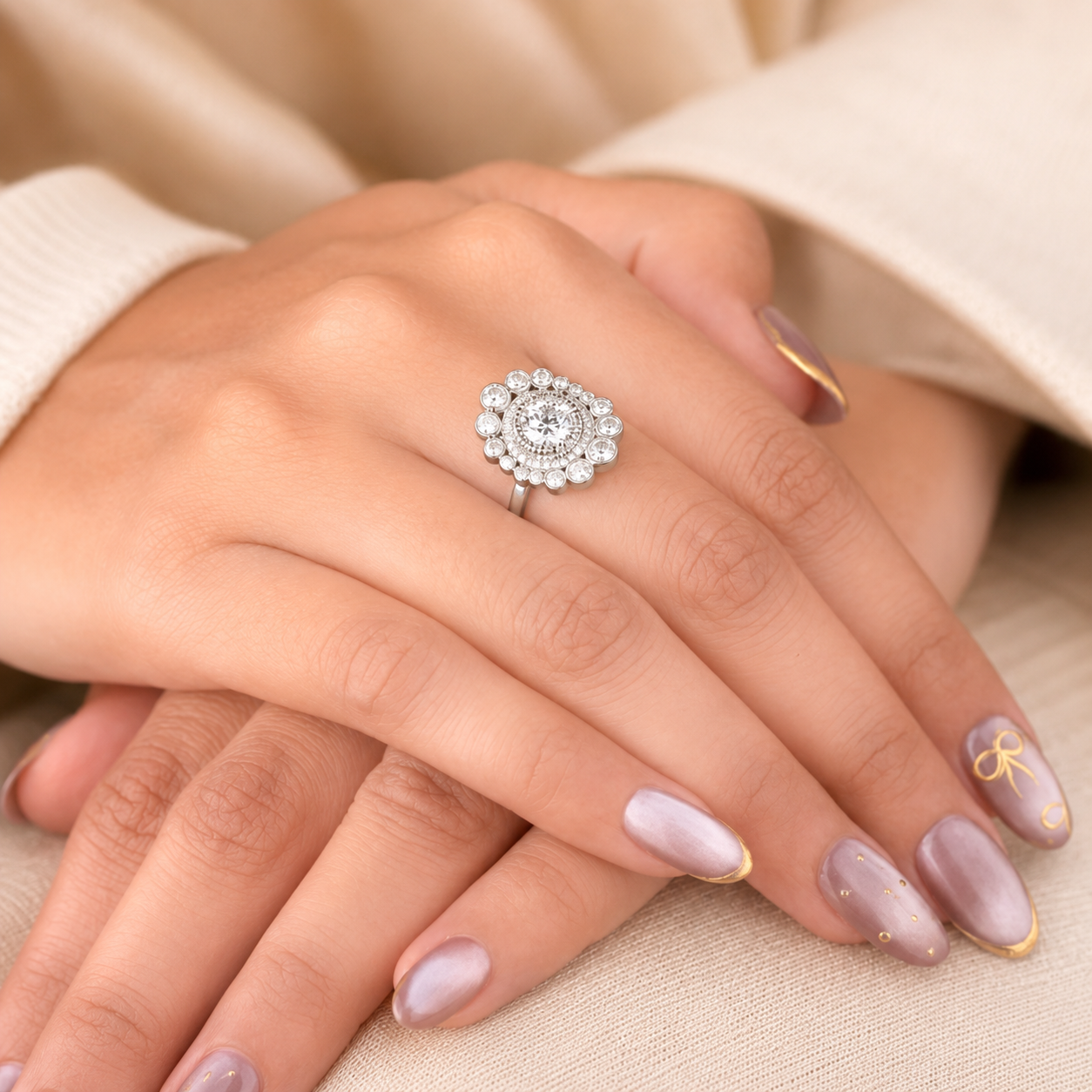 2.00 CT Round Cut Lab-Grown Diamond Double Halo Engagement Ring in 14K White Gold – Vintage Art Deco Flower Cluster Design