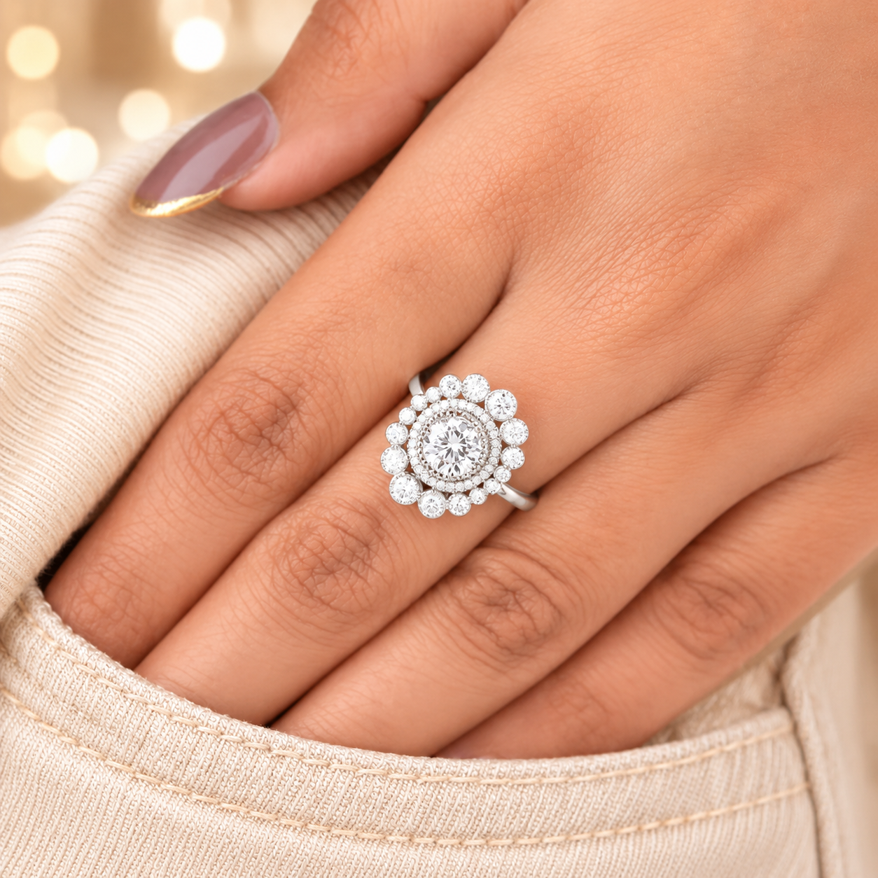2.00 CT Round Cut Lab-Grown Diamond Double Halo Engagement Ring in 14K White Gold – Vintage Art Deco Flower Cluster Design