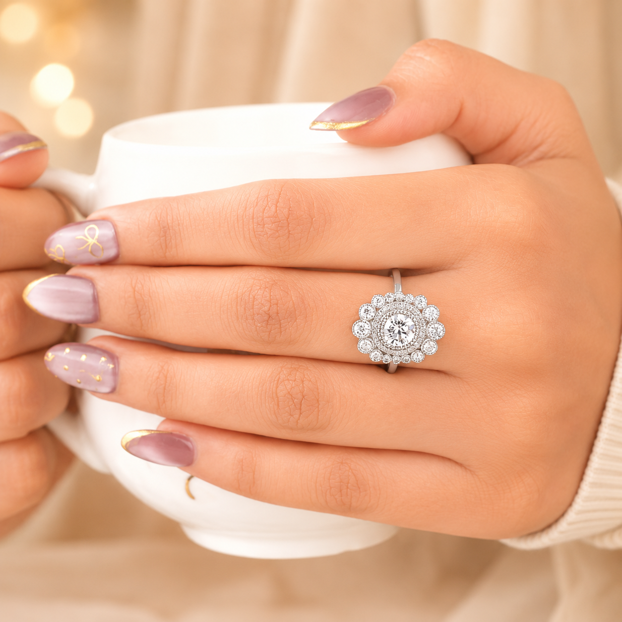 2.00 CT Round Cut Lab-Grown Diamond Double Halo Engagement Ring in 14K White Gold – Vintage Art Deco Flower Cluster Design