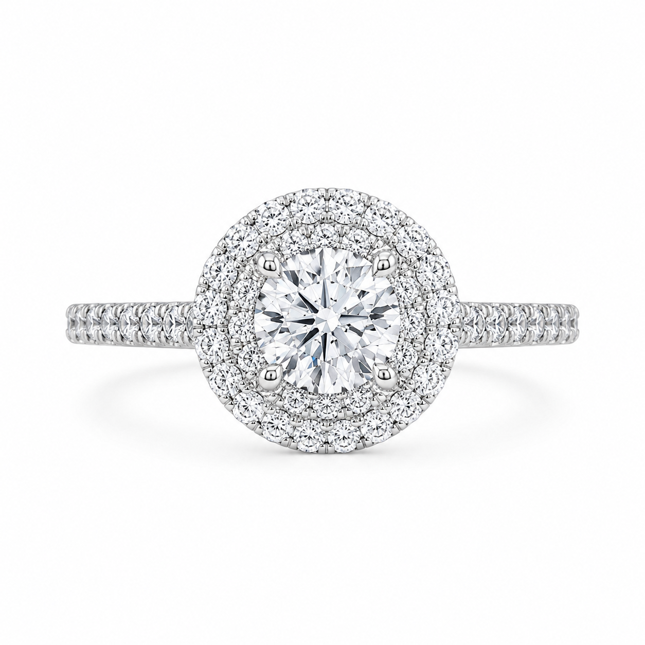 1.82 CT Round Brilliant Lab-Grown Diamond Double Halo Engagement Ring in 14K White Gold – Diamond Shank Design