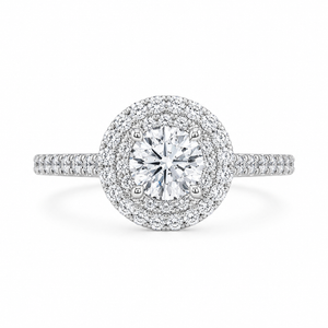 1.82 CT Round Brilliant Lab-Grown Diamond Double Halo Engagement Ring in 14K White Gold – Diamond Shank Design