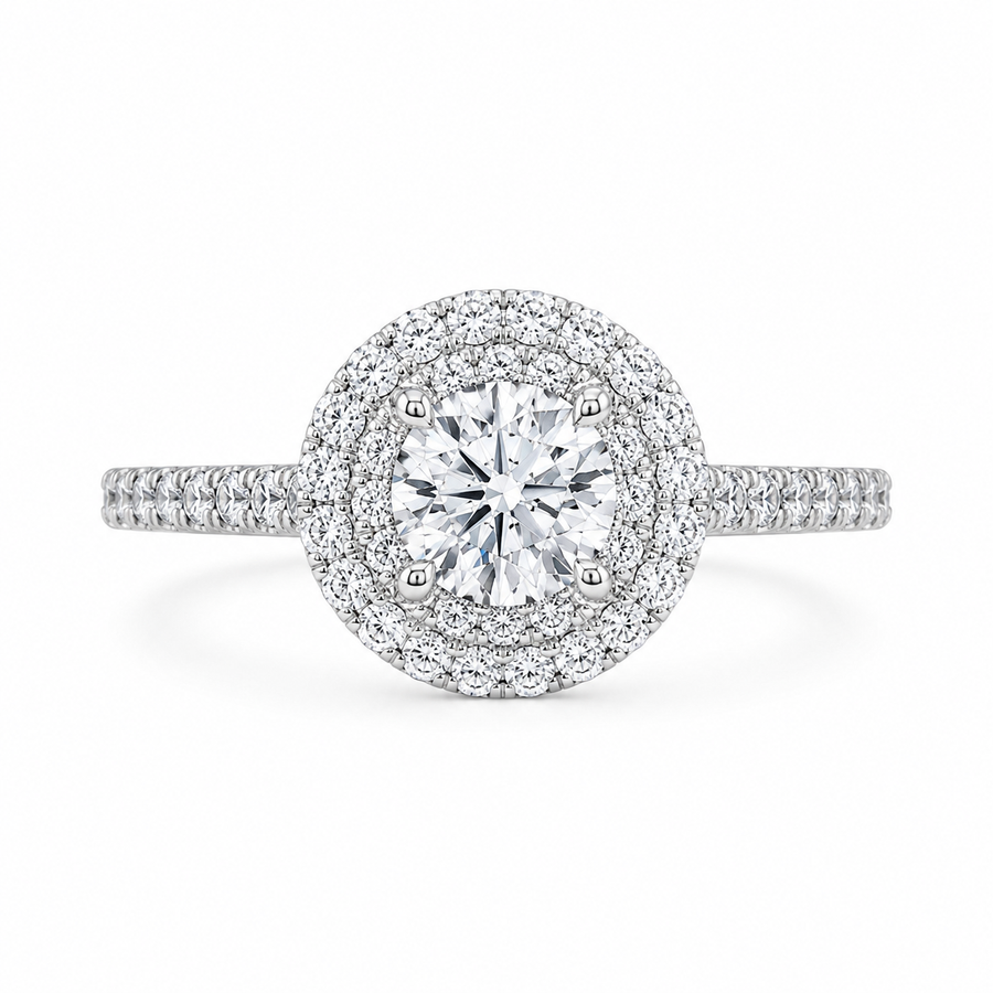 1.82 CT Round Brilliant Lab-Grown Diamond Double Halo Engagement Ring in 14K White Gold – Diamond Shank Design