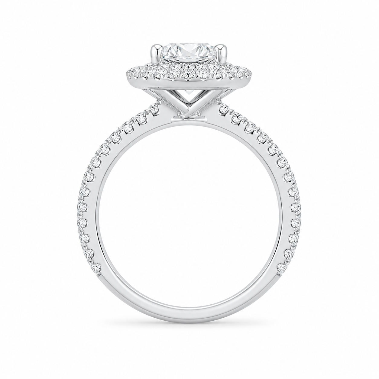 1.82 CT Round Brilliant Lab-Grown Diamond Double Halo Engagement Ring in 14K White Gold – Diamond Shank Design